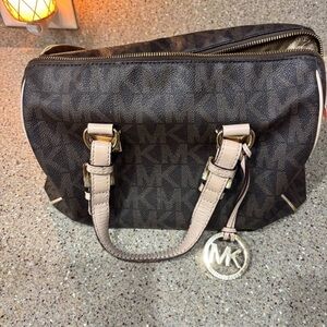 Michael Kors Brown MK Logo Satchel with Beige Trim and Gold Charm
